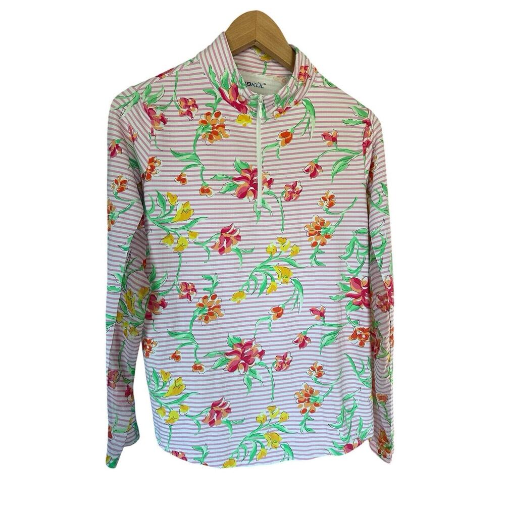 Ibkul Pink Floral Long Sleeve 1/4 Zip Shirt Mesh Sleeves Size Women’s M UPF 50